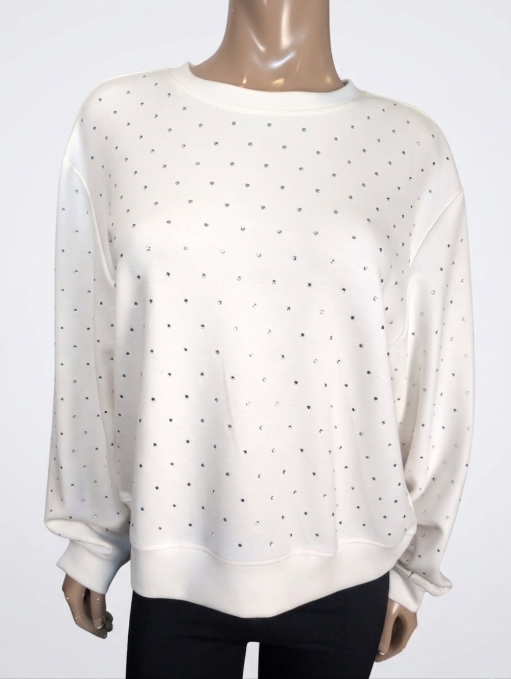 Elie Tahari Cream Rhinestone Studded Crewneck Sweatshirt XL Modal Blend Soft